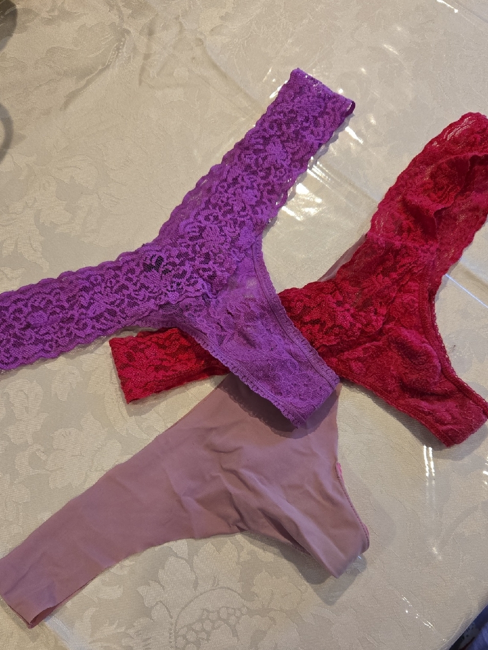 Lace & Smooth Thong Trio - Purple, Dark Pink And Light Pink